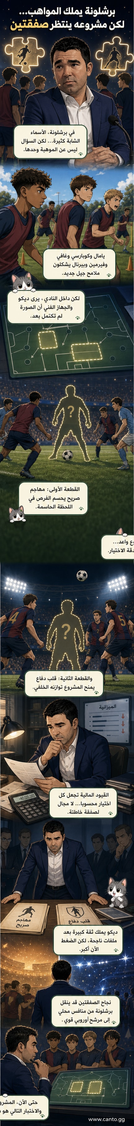 رسم كرتوني يظهر لاعبين شباب من برشلونة وهم يحملون شعار النادي، بينما يقف ديكو في الخلفية ينظر إلى لوحة تخطيطية تُظهر مكان المهاجم وقلب الدفاع الشاغر.
