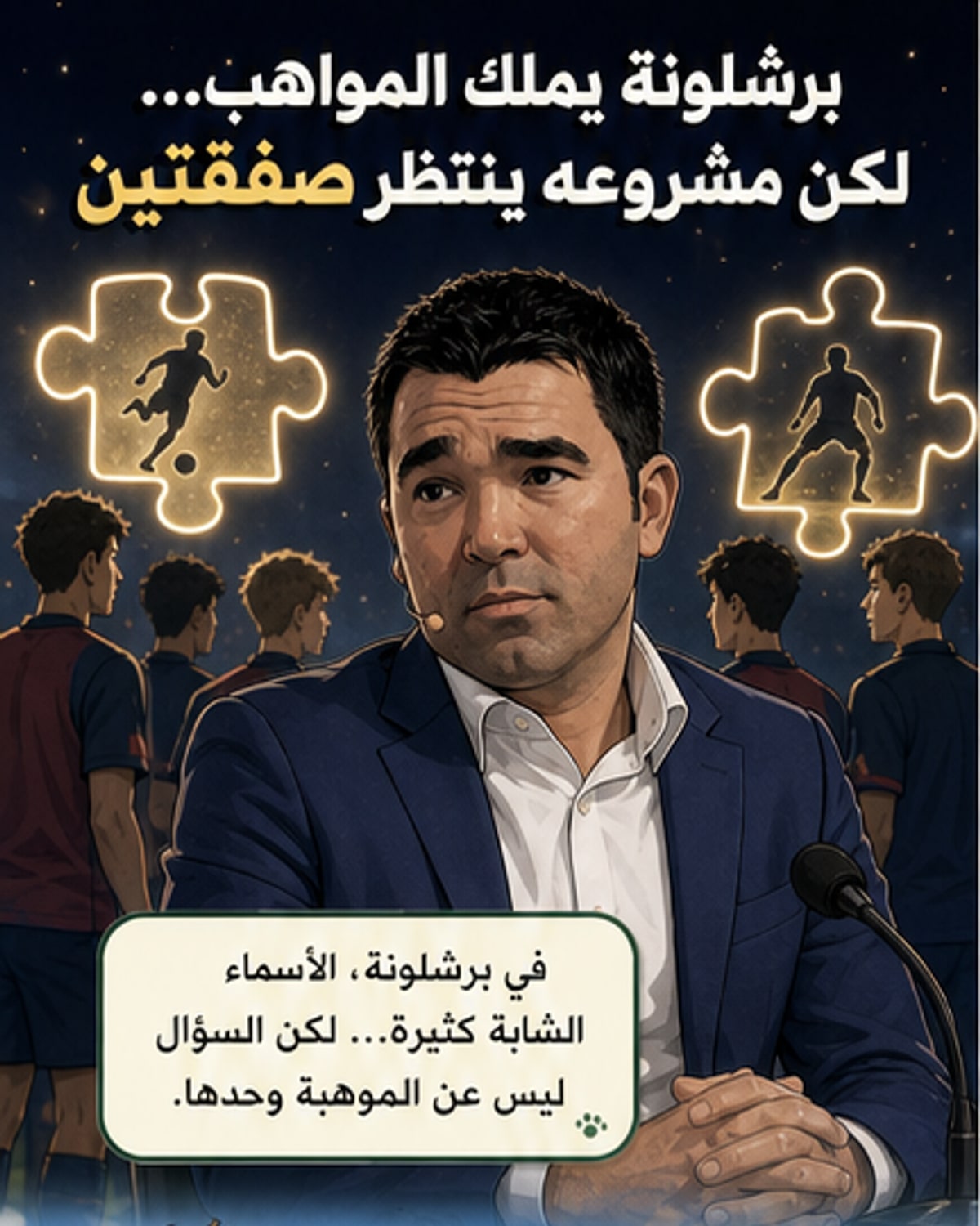رسم كرتوني يظهر لاعبين شباب من برشلونة وهم يحملون شعار النادي، بينما يقف ديكو في الخلفية ينظر إلى لوحة تخطيطية تُظهر مكان المهاجم وقلب الدفاع الشاغر.