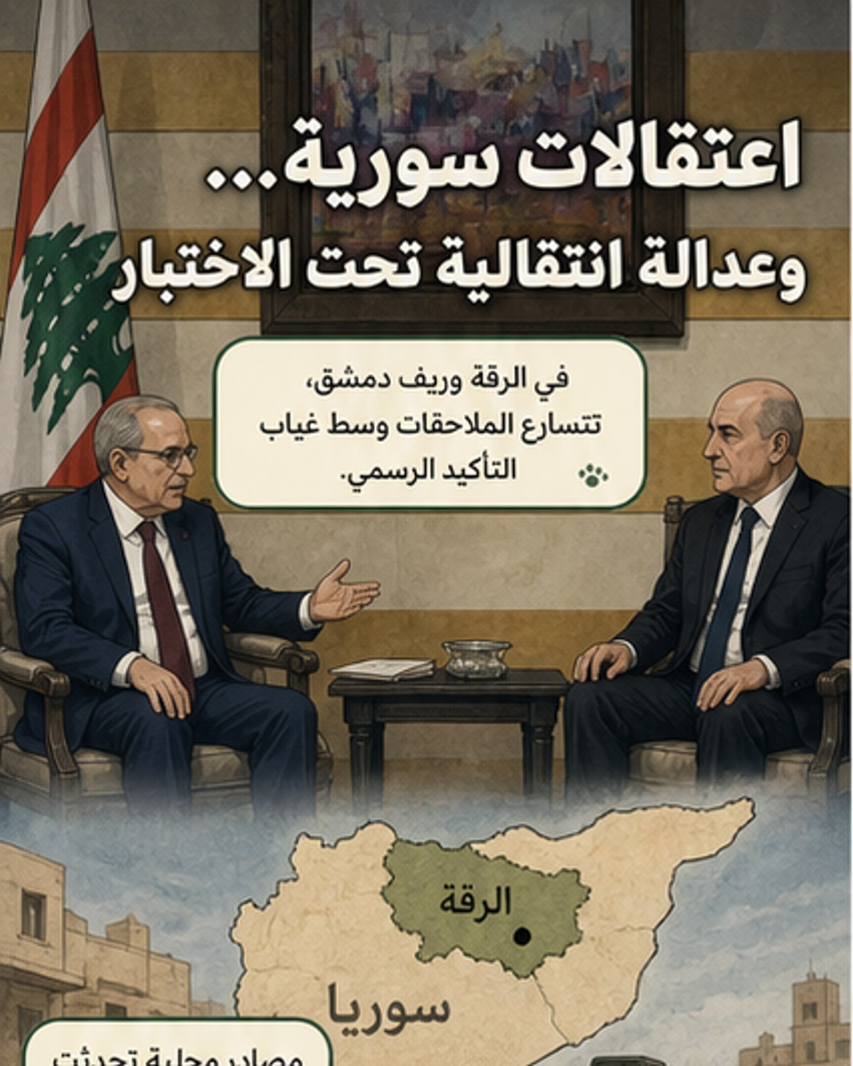 رسم توضيحي يظهر قوات أمن سوريّة تُجري توقيفات في مناطق متفرقة، مع خريطة تُشير إلى مواقع الرقة وريف دمشق وطرطوس، ووجوه مخفية لضباط سابقين وعناصر كردية.