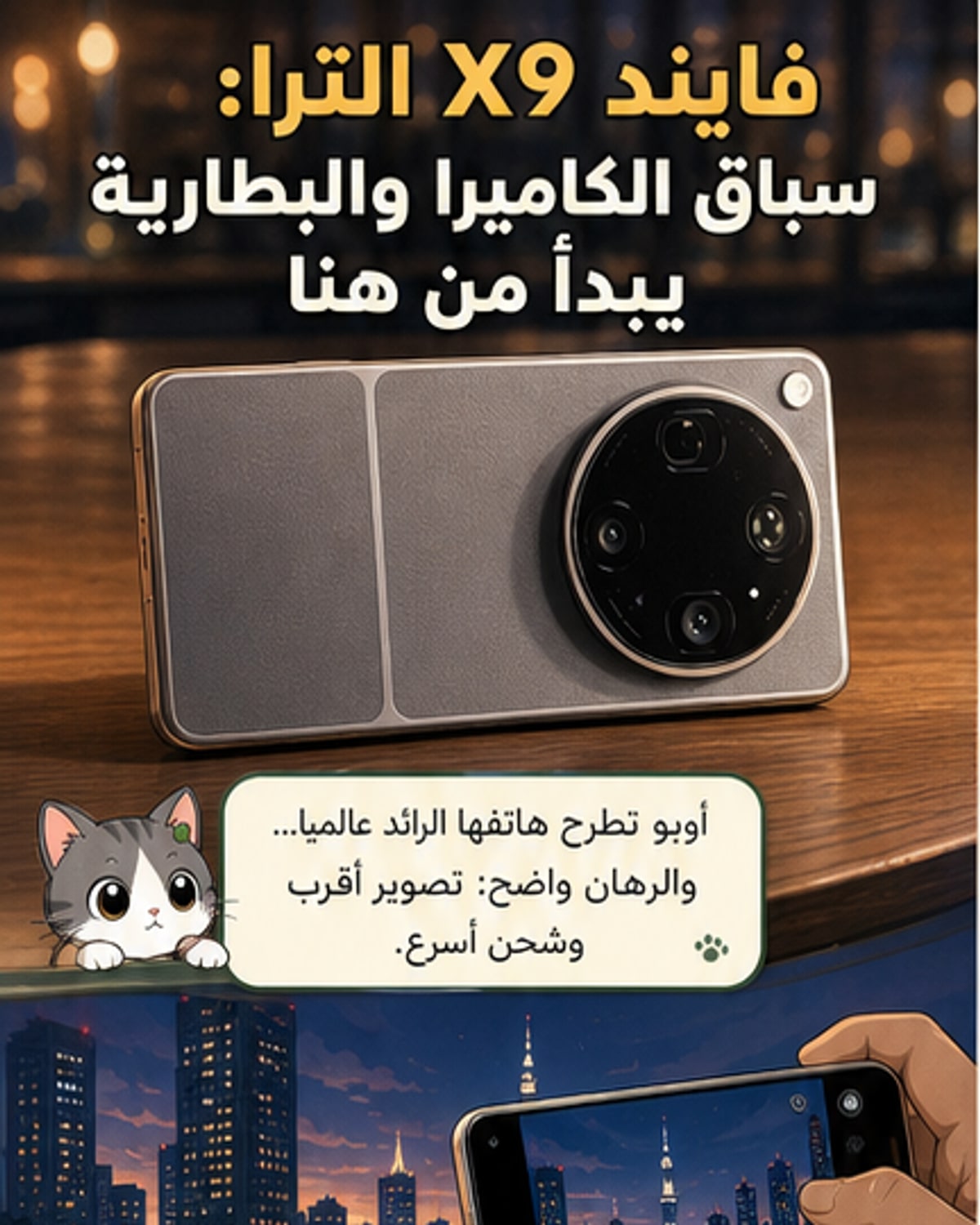 هاتف اوبو فايند X9 الترا بتصميم أنيق من الجلد النباتي والمعدن، مع كاميرات خلفية متعددة وعدسات تليفوتو مزدوجة.