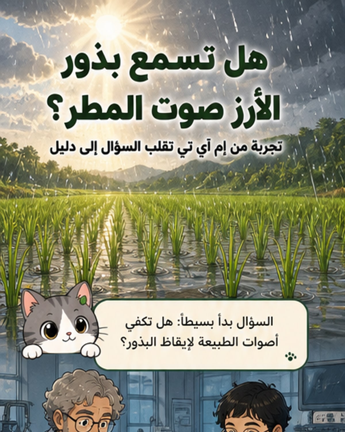 رسم توضيحي يظهر بذور أرز تحت سطح الماء، وتموجات صوتية من قطرات المطر تسقط من الأعلى، مع توضيح حركة الجسيمات داخل الخلية استجابة للصوت.