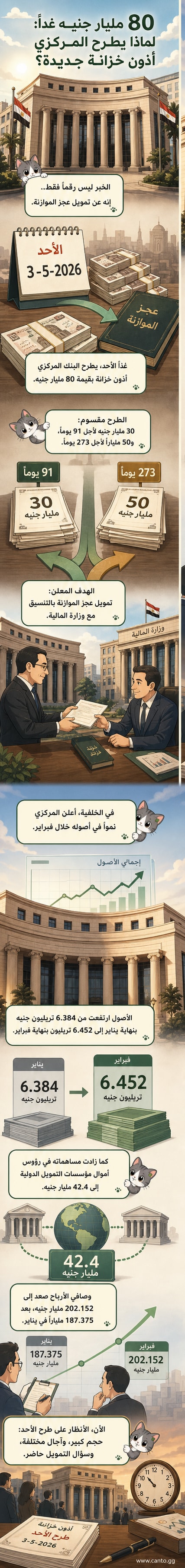 رسم توضيحي يظهر طباعة عملة وسندات مالية مع شعار البنك المركزي المصري، ترمز لطرح أذون خزانة بقيمة 80 مليار جنيه