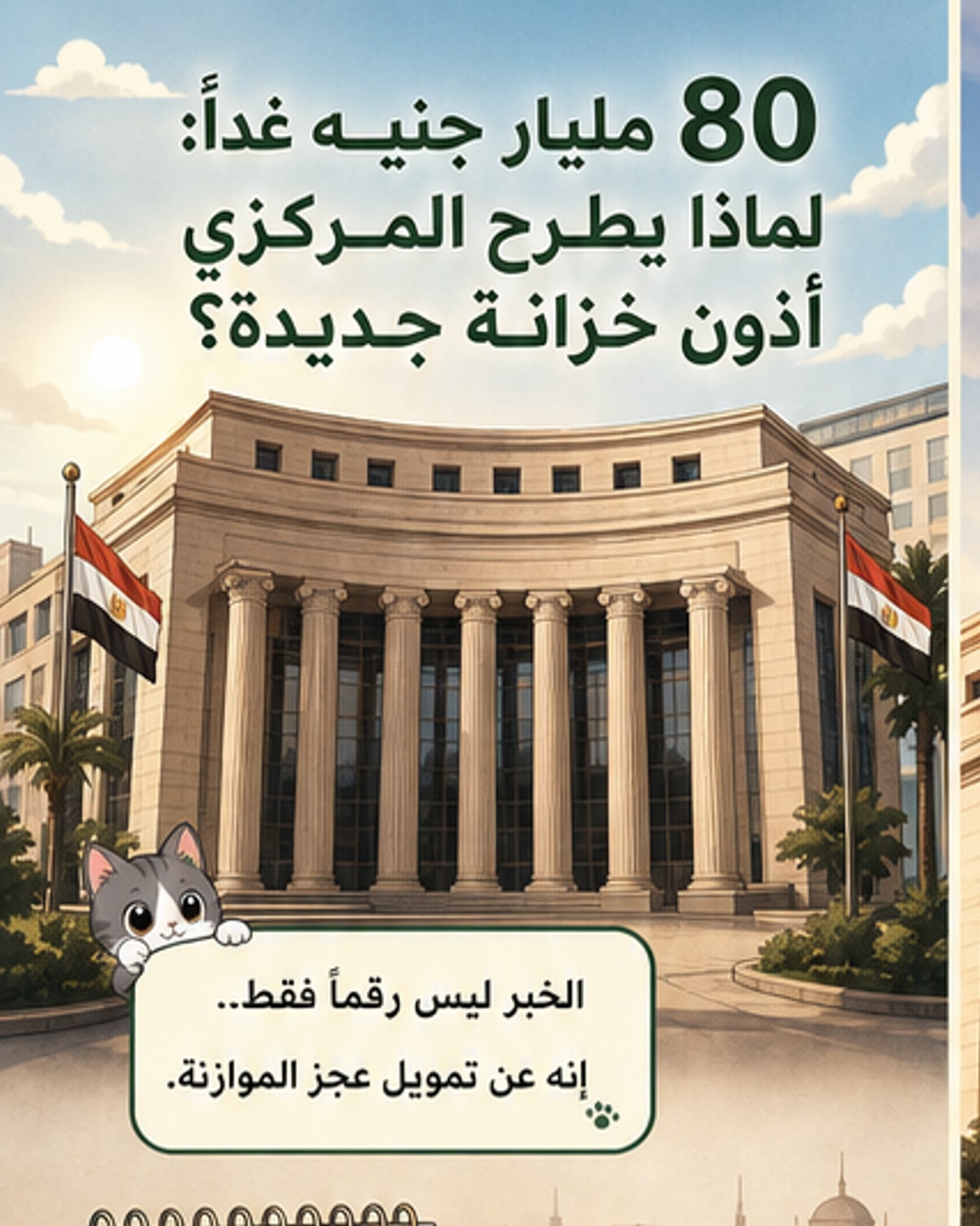 رسم توضيحي يظهر طباعة عملة وسندات مالية مع شعار البنك المركزي المصري، ترمز لطرح أذون خزانة بقيمة 80 مليار جنيه