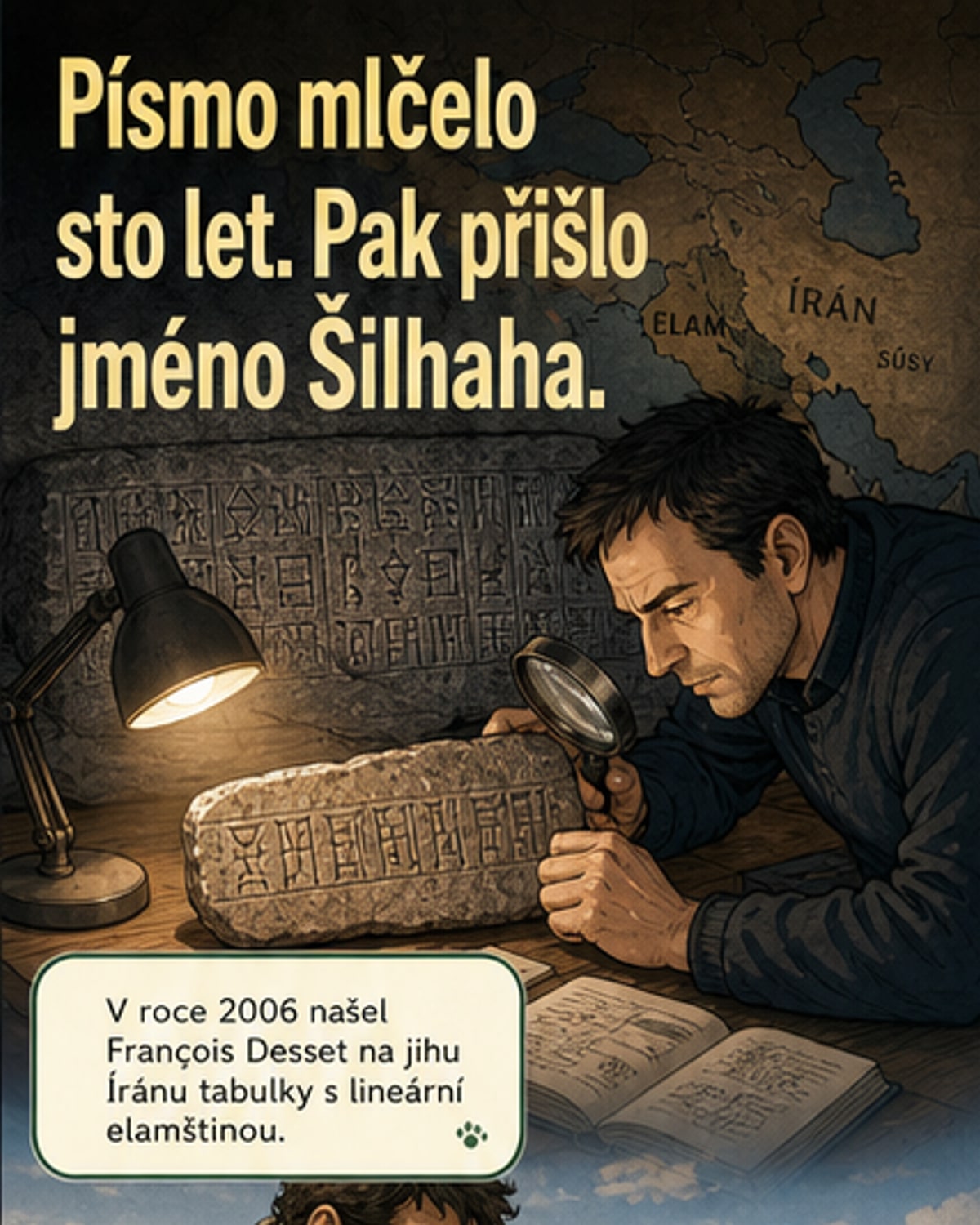 Ilustrace francouzského archeologa Françoise Desseta u starověké vázy s lineárním elamským písmem, na pozadí jsou vidět geometrické znaky a archeologické nálezy z Íránu.