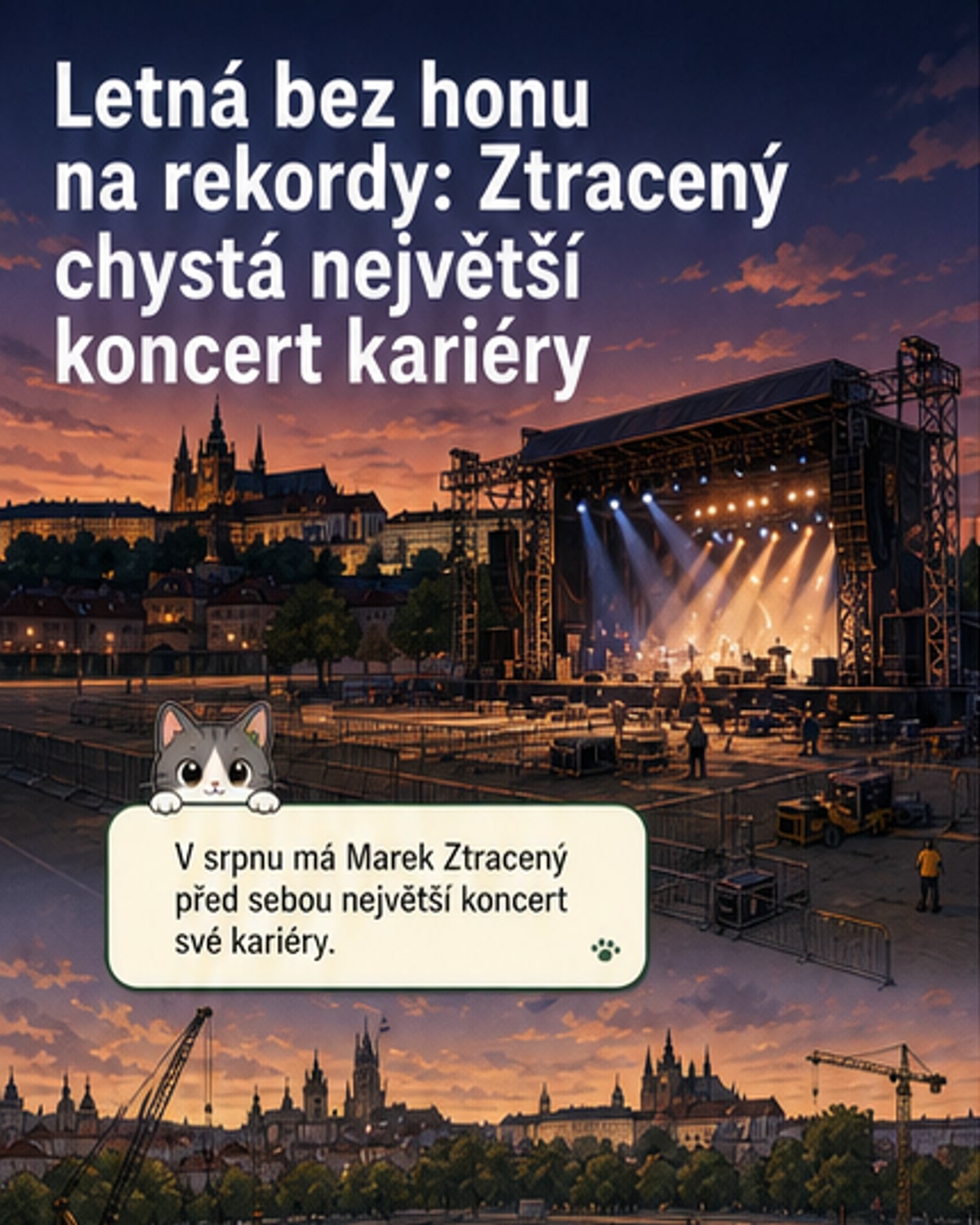 Marek Ztracený stojí na jevišti s mikrofonem, v pozadí je záběr na Letenskou pláň a jeho syn s kytarou.