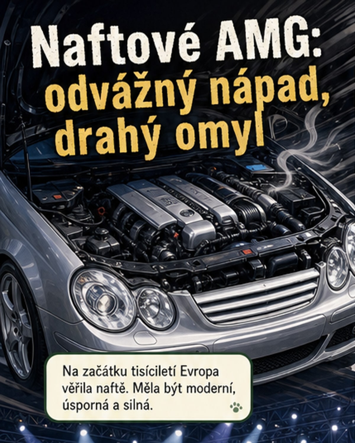 Ilustrace Mercedesu C 30 CDI AMG na silnici, s detaily motoru a grafikou točivého momentu.
