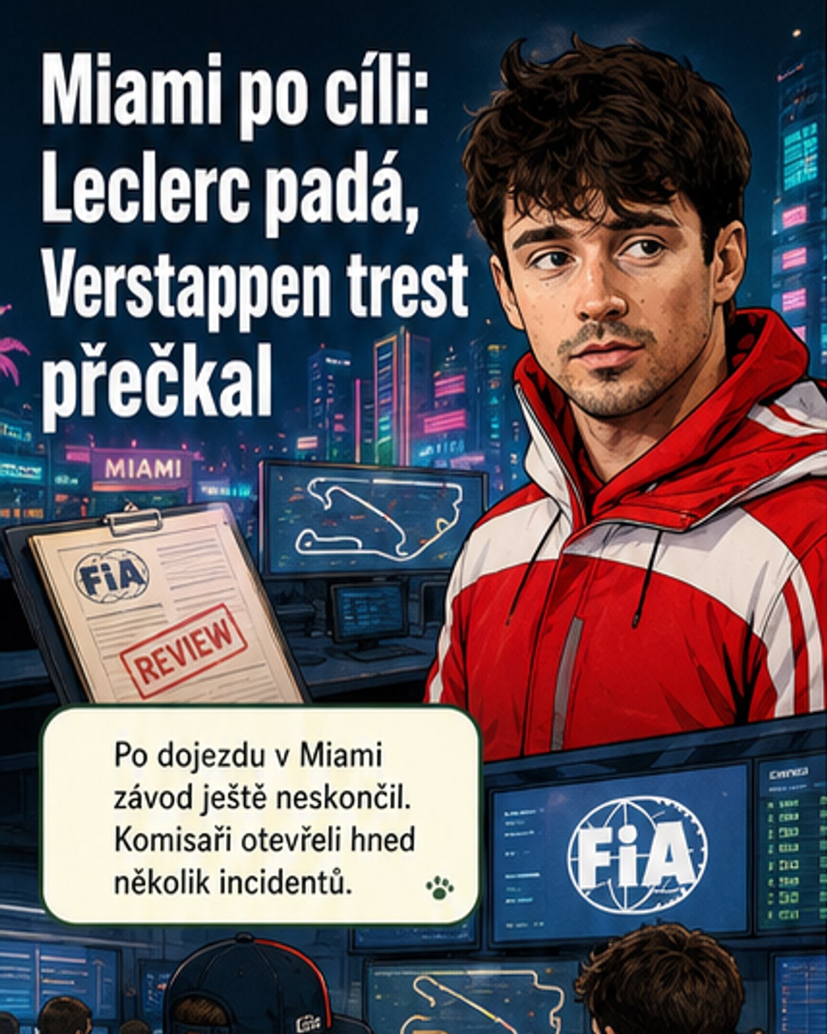 Ilustrace závodního vozidla F1 s poškozeným předkem po nárazu do zdi, na pozadí okruh Miami a rozhodčí s dokumenty.