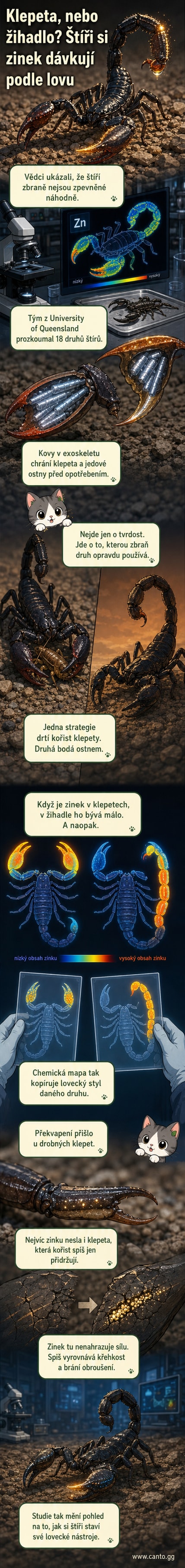 Ilustrace štíra s detailním zvýrazněním kovově zpevněných klepet a žihadla, na pozadí mikroskopický pohled na strukturu exoskeletu.