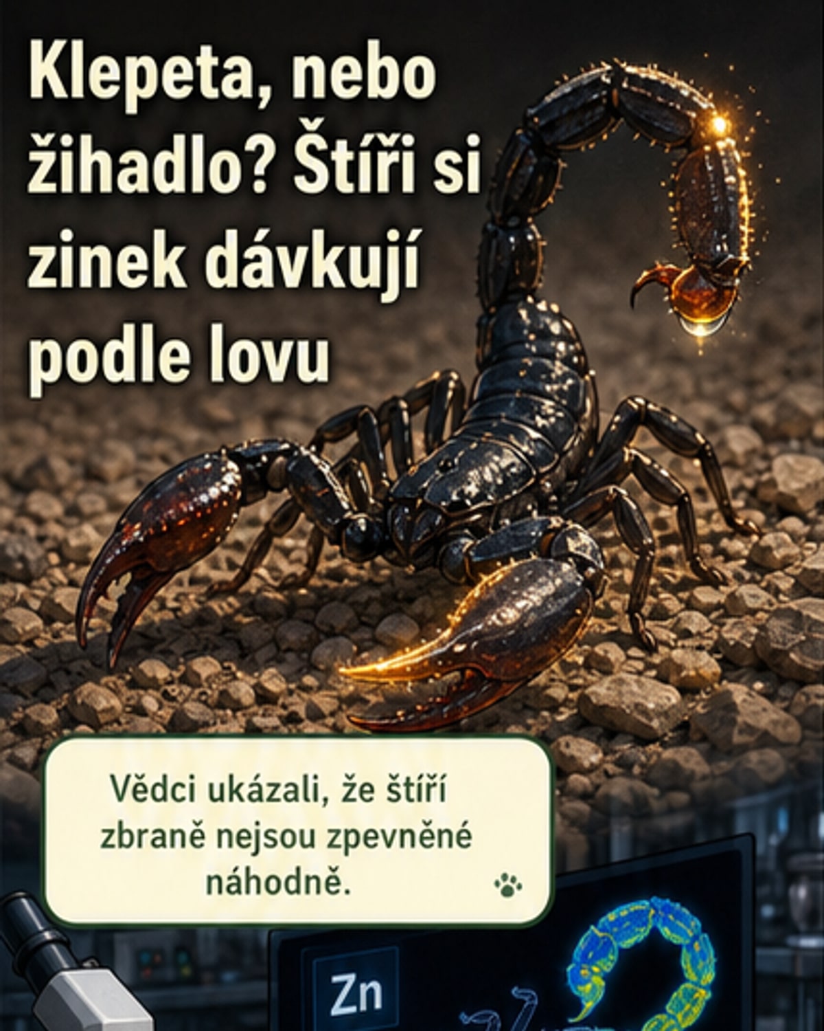 Ilustrace štíra s detailním zvýrazněním kovově zpevněných klepet a žihadla, na pozadí mikroskopický pohled na strukturu exoskeletu.