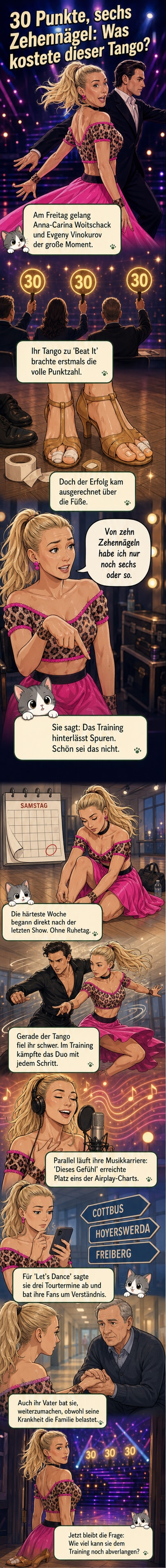Anna-Carina Woitschack tanzt einen leidenschaftlichen Tango mit Evgeny Vinokurov, während im Hintergrund Michael Jacksons 'Beat It' spielt – doch ihre Füße tragen deutliche Spuren des Trainings.