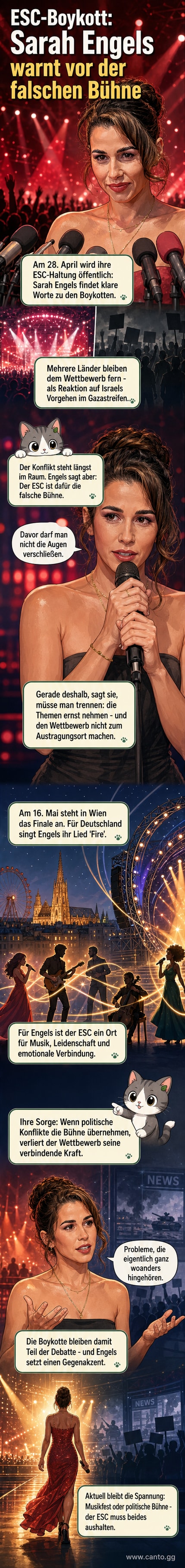 Illustration von Sarah Engels auf der Bühne des Eurovision Song Contest, mit Notenlinien, die sich in politische Symbole verwandeln, während sie 'Fire' singt.