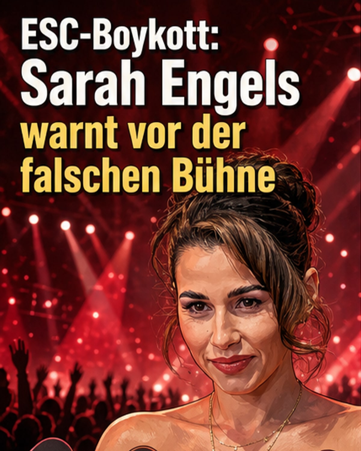 Illustration von Sarah Engels auf der Bühne des Eurovision Song Contest, mit Notenlinien, die sich in politische Symbole verwandeln, während sie 'Fire' singt.