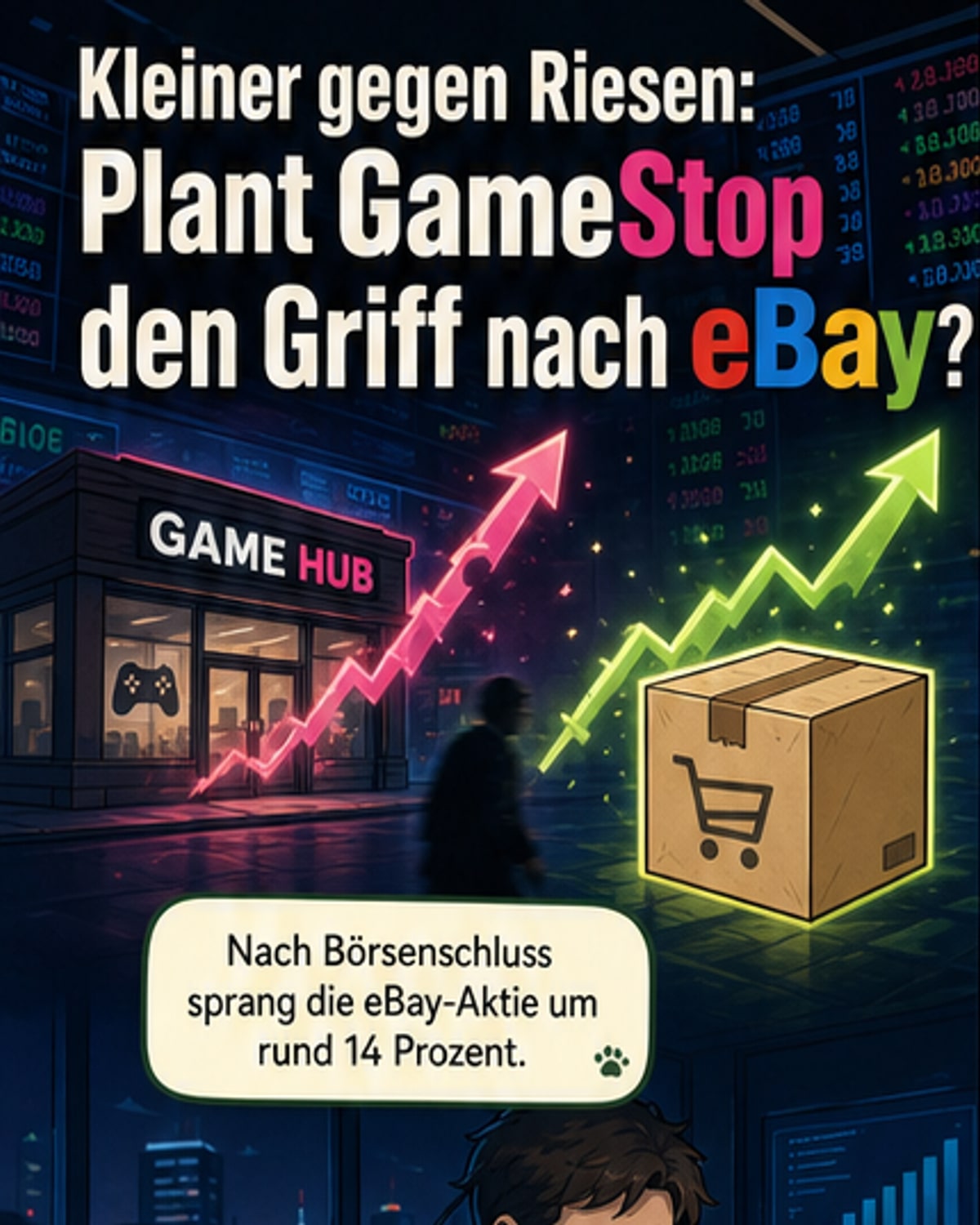 Zwei Aktienkurse im Vergleich: Die eBay-Aktie steigt stark, während GameStop moderat zulegt – dargestellt vor einem Hintergrund aus Börsencharts und digitalen Handelsplattformen.