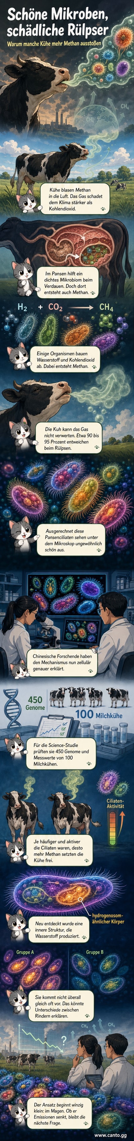 3D-Fluoreszenzbild eines Pansenciliaten mit haarartigen Strukturen, leuchtend grün und blau, im Inneren eines Kuhmagens