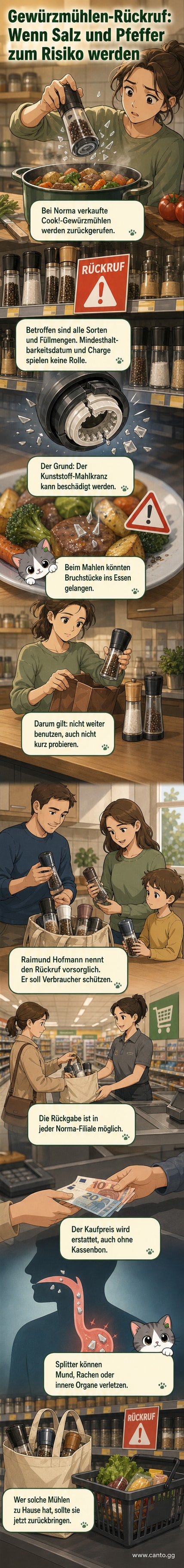 Eine Gewürzmühle mit Salz und Pfeffer daneben, im Hintergrund ein Warnsymbol. Der Mahlkopf ist rot markiert, wo sich Kunststoffteile lösen können.