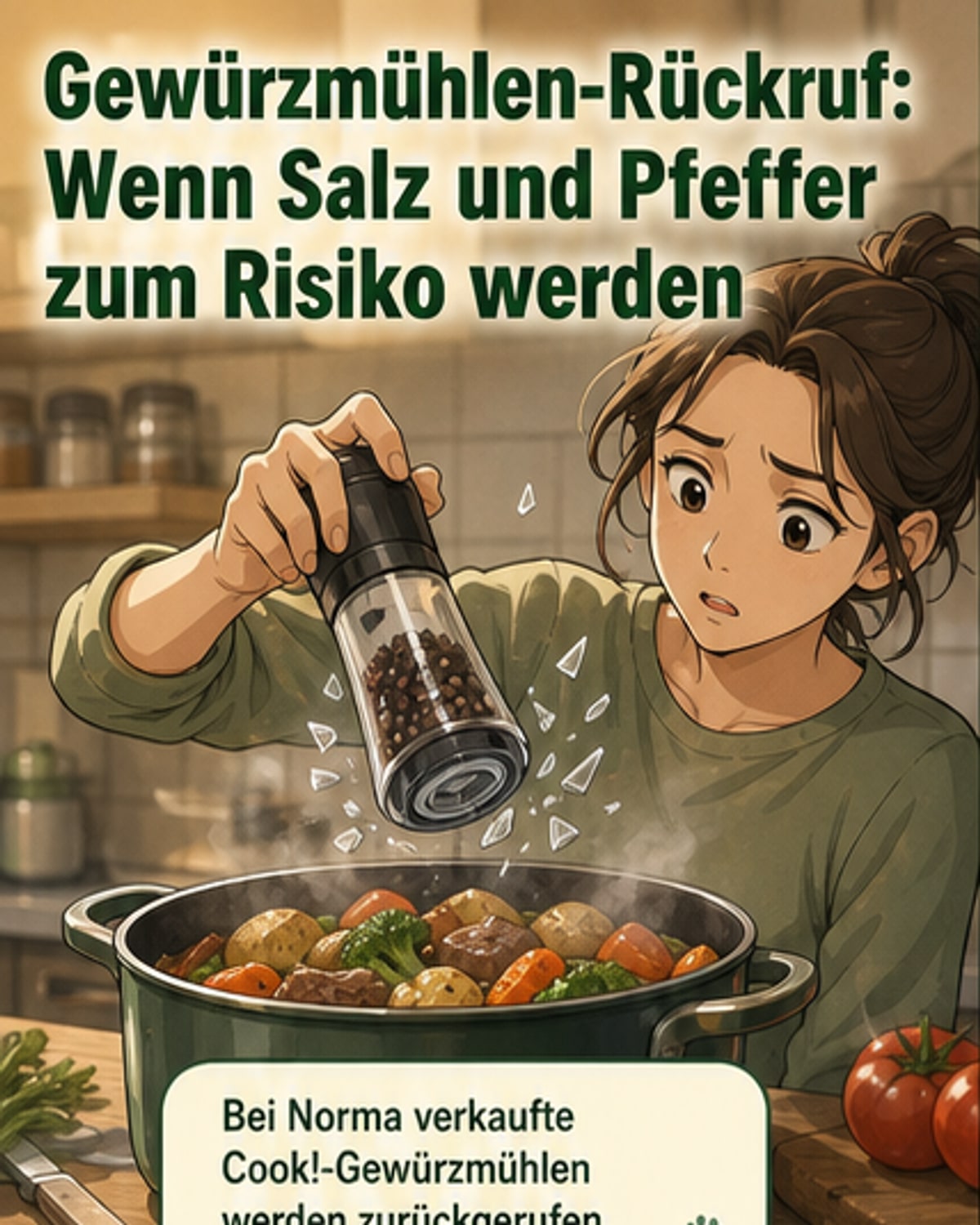 Eine Gewürzmühle mit Salz und Pfeffer daneben, im Hintergrund ein Warnsymbol. Der Mahlkopf ist rot markiert, wo sich Kunststoffteile lösen können.