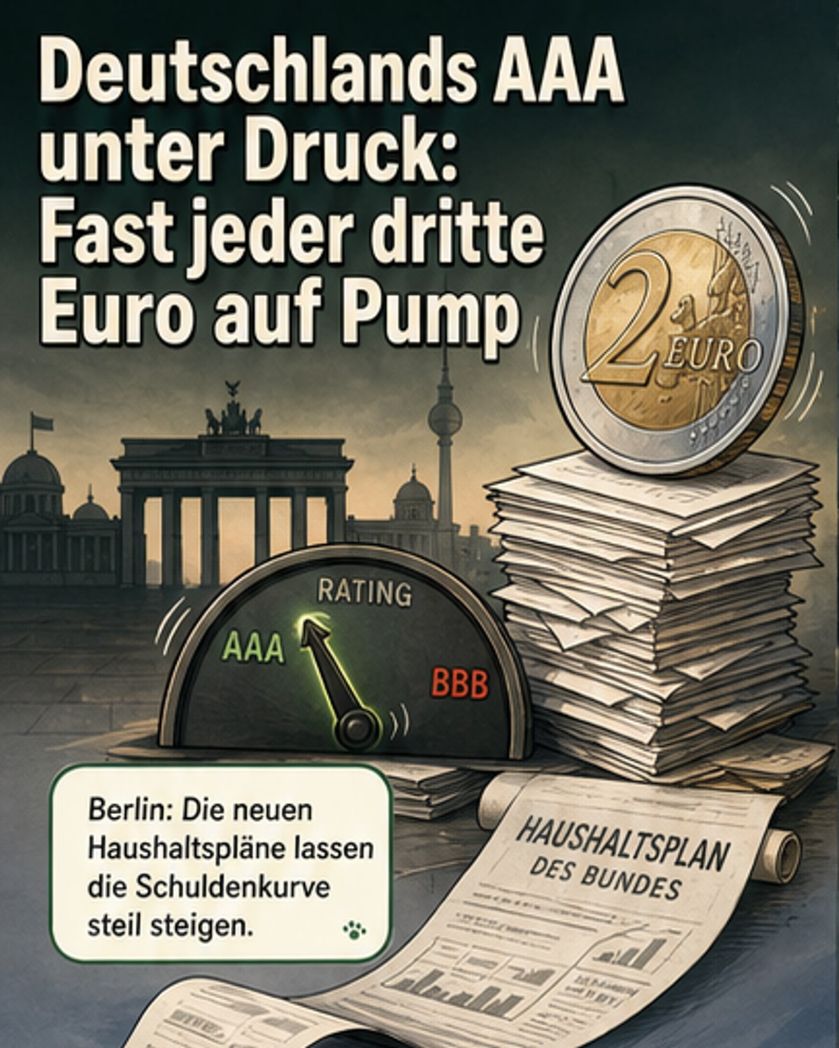 Illustration eines wackelnden Schildes mit dem AAA-Rating, während sich Stapel von Schuldenpapieren daneben türmen – symbolisiert die wachsende finanzielle Belastung Deutschlands.