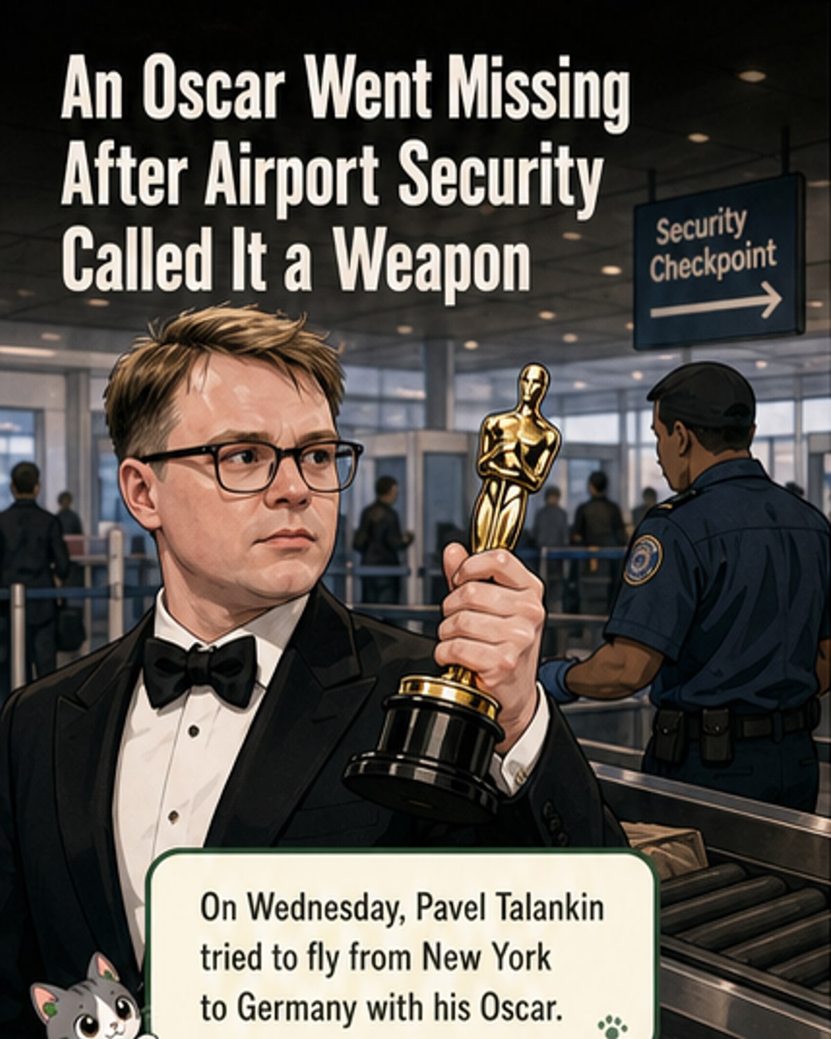 Illustration of an Oscar statuette inside a flimsy cardboard box at an airport baggage claim, with a worried traveler looking on.
