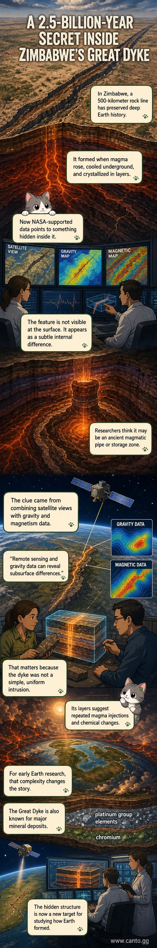 Illustration of Earth's crust with a deep, layered igneous structure beneath Zimbabwe, highlighted by satellite data and geological cross-sections.