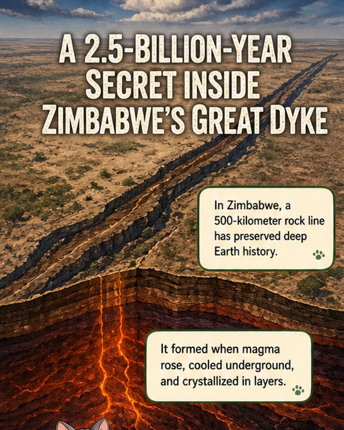 Illustration of Earth's crust with a deep, layered igneous structure beneath Zimbabwe, highlighted by satellite data and geological cross-sections.