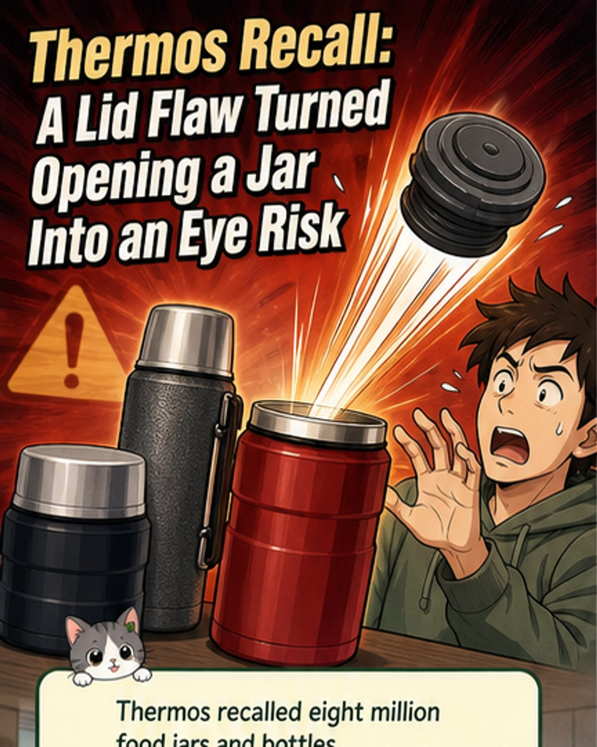 A cracked Thermos lid with a warning label, next to a medical illustration showing eye injury risk.
