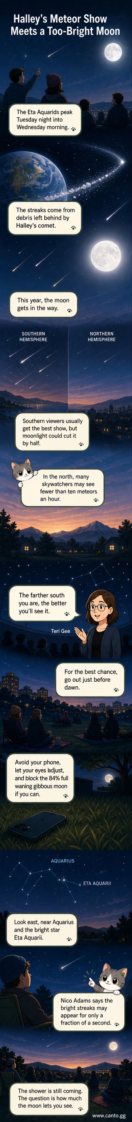 A night sky illustration showing faint meteor streaks above a dark landscape, with a large bright moon partially obscuring the view.