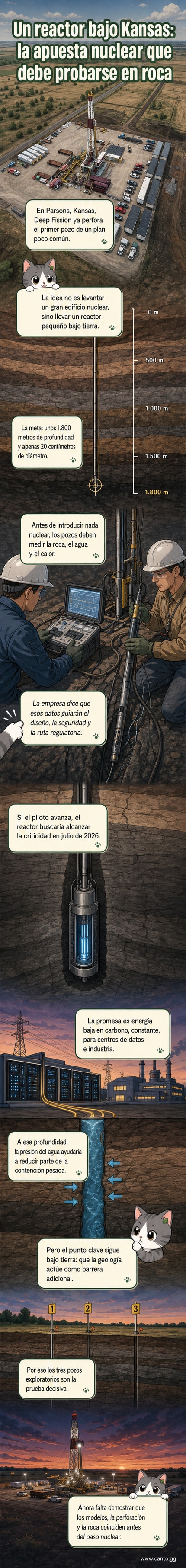 Ilustración de un pozo profundo bajo tierra con un pequeño reactor nuclear en su interior, rodeado de capas rocosas, en un entorno rural de Kansas