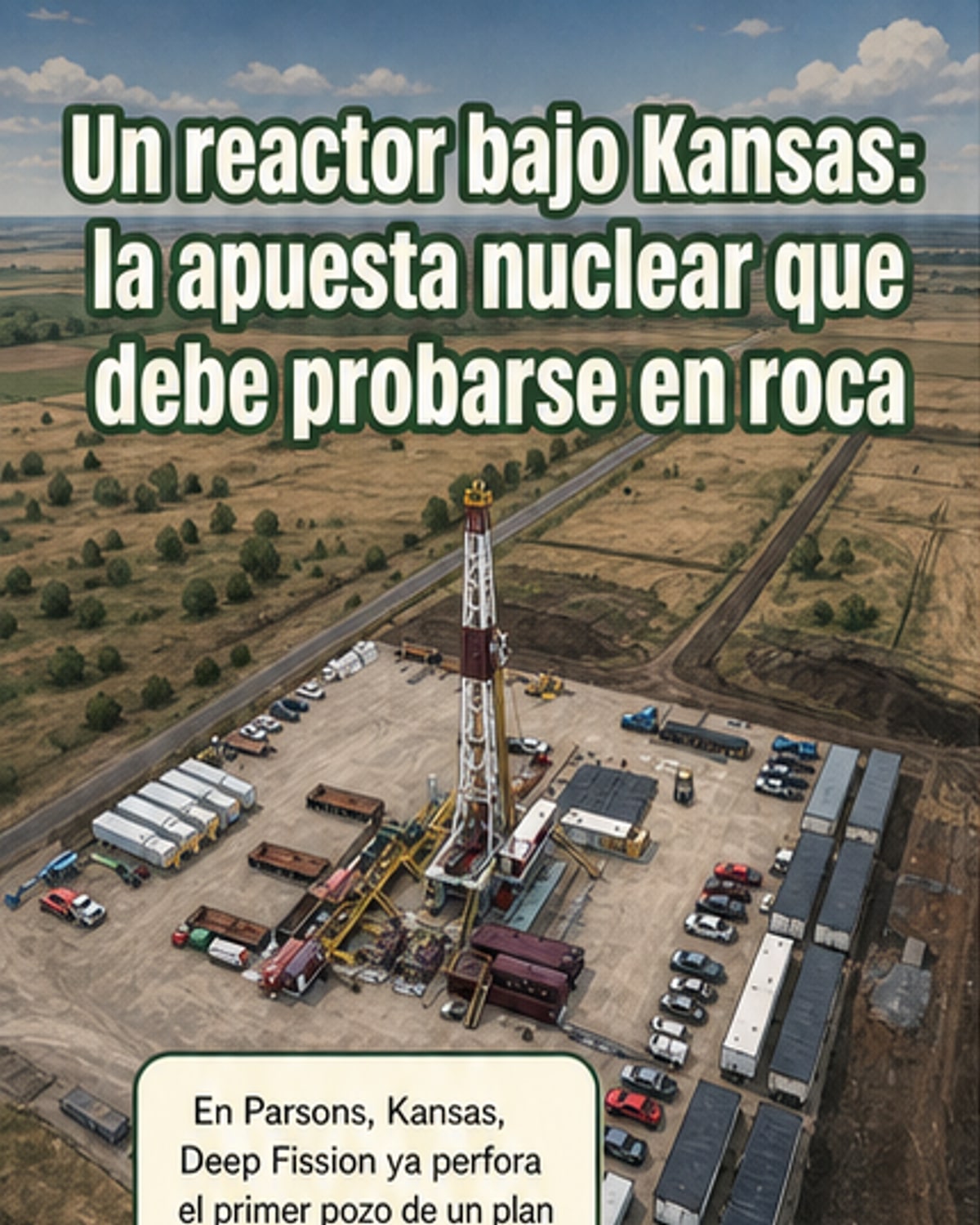 Ilustración de un pozo profundo bajo tierra con un pequeño reactor nuclear en su interior, rodeado de capas rocosas, en un entorno rural de Kansas