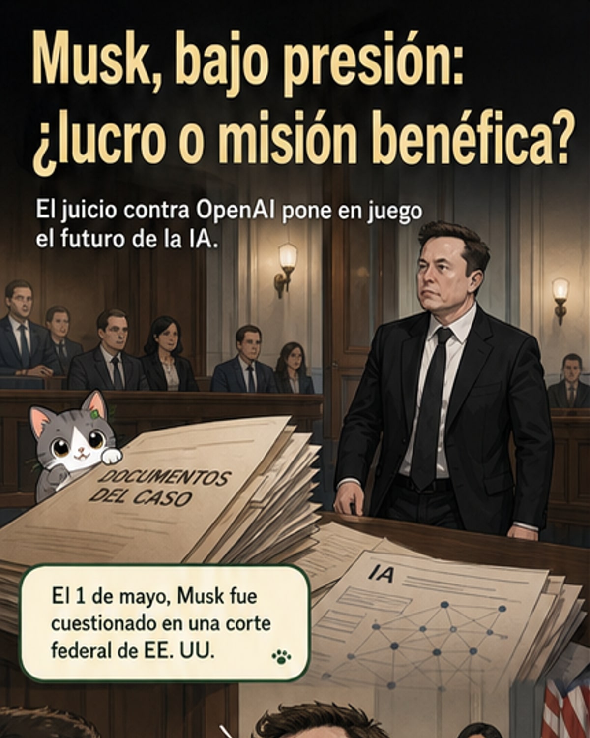 Ilustración de Elon Musk en un estrado, con un juez y abogados en un tribunal, mientras documentos sobre IA y logotipos de OpenAI y xAI flotan en el fondo.