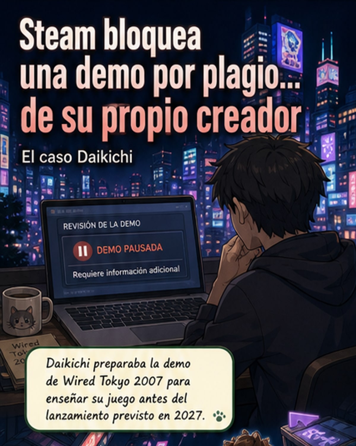 Ilustración de un desarrollador indie frente a una pantalla de Steam con advertencia de derechos de autor, rodeado de elementos de dos juegos: rascacielos de Tokio y dinosaurios.