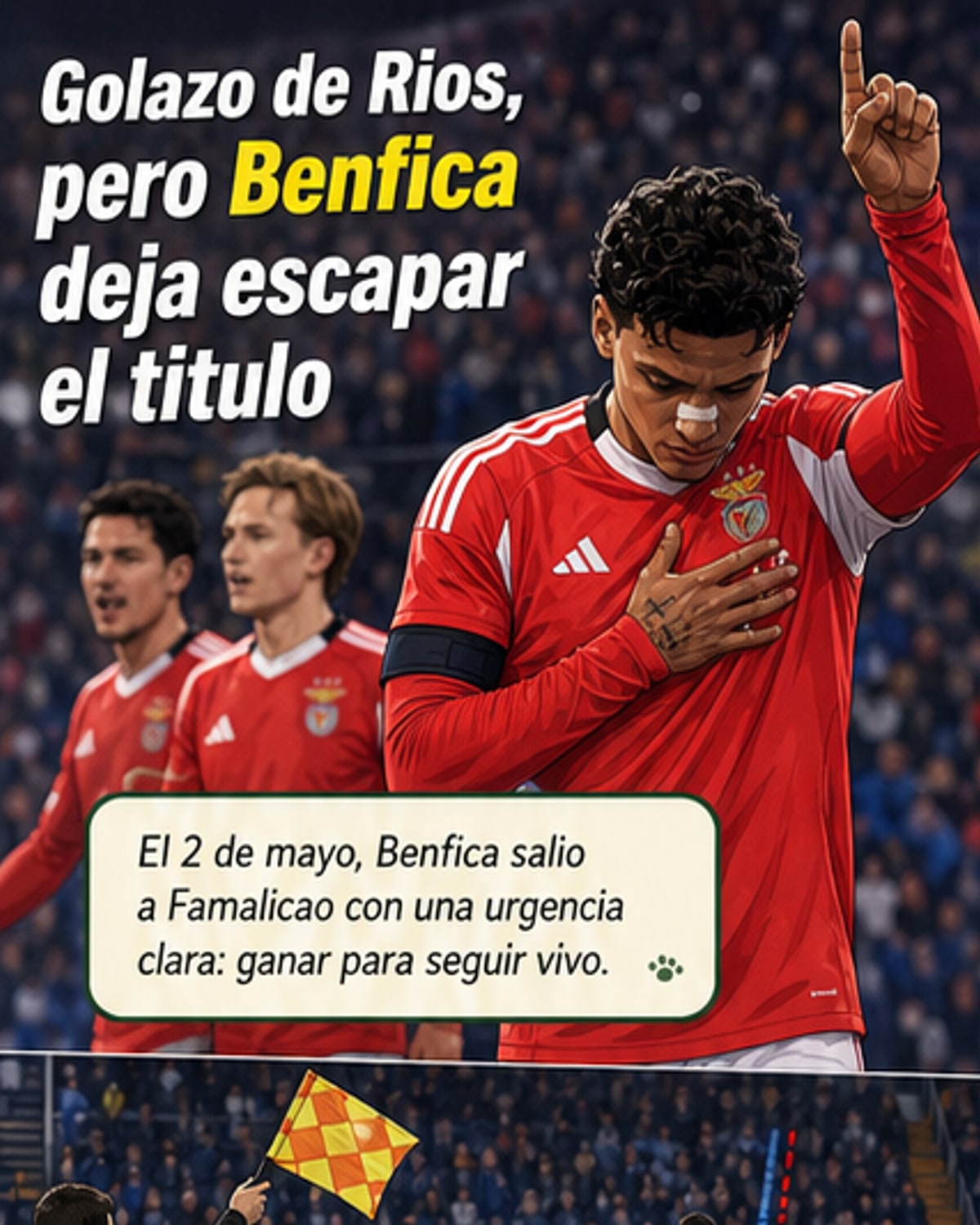 Ilustración de Richard Ríos celebrando su gol con la camiseta del Benfica, bajo un cielo nocturno con estadio lleno de fondo.