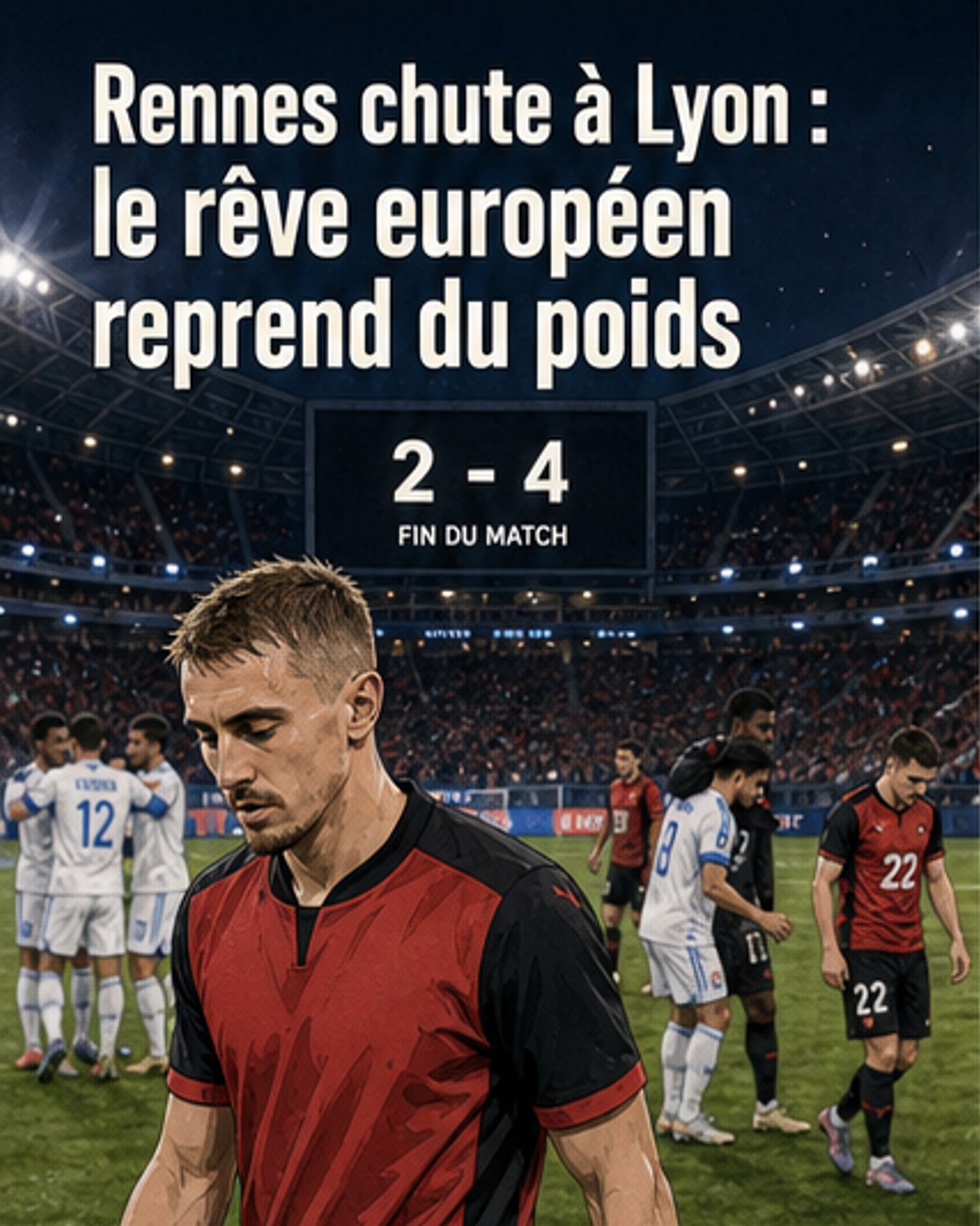 Illustration d’un match de football entre Rennes et Lyon, avec Valentin Rongier en première ligne, regardant vers le terrain, l’air pensif après la défaite.