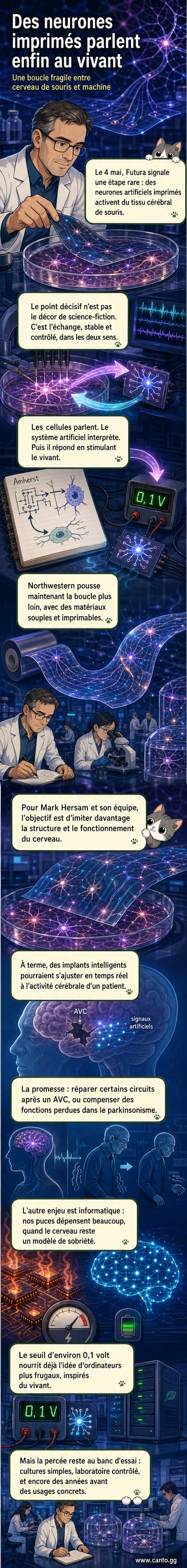 Illustration d'un cerveau vivant connecté à un réseau de neurones artificiels imprimés, avec échanges d'impulsions électriques bidirectionnels.