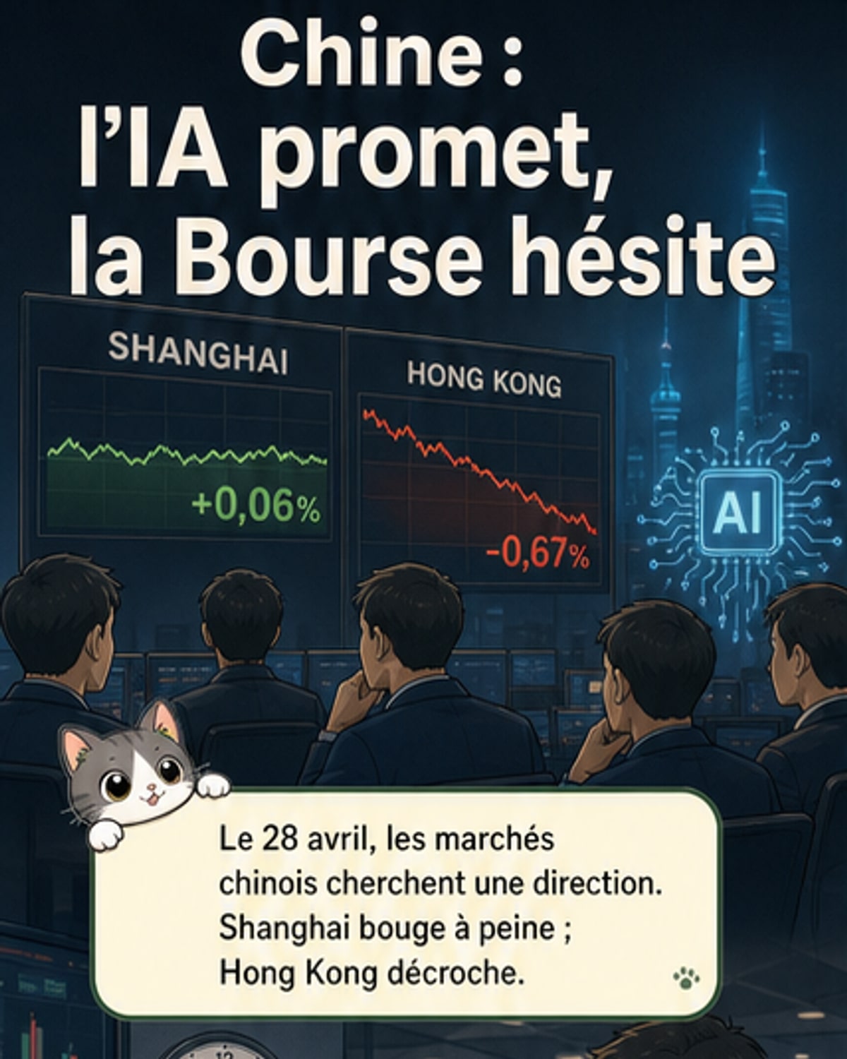 Graphiques boursiers plats pour les indices chinois, avec des flèches rouges pour Hong Kong et CATL, sur fond de silhouettes d'investisseurs attentistes et d'icônes d'intelligence artificielle floues.