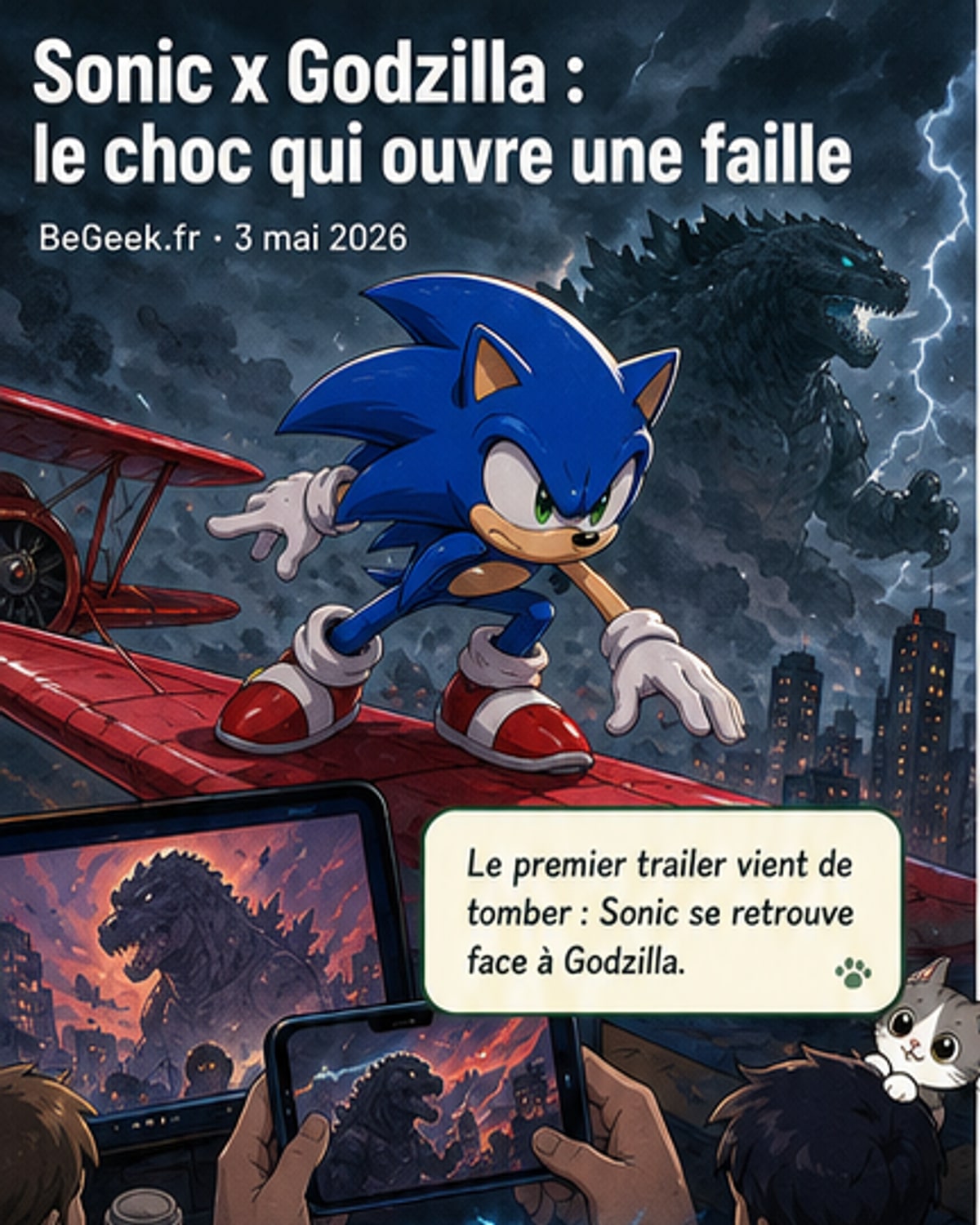 Affiche officielle du crossover Sonic x Godzilla : Sonic en pleine course face à Godzilla, avec Mothra et Mechagodzilla en arrière-plan, au-dessus d'une ville en feu.
