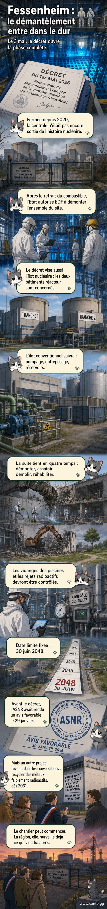 Illustration d'une ancienne centrale nucléaire en phase de démantèlement, avec des grues et des équipes de travail autour des réacteurs, dans un paysage rural français.