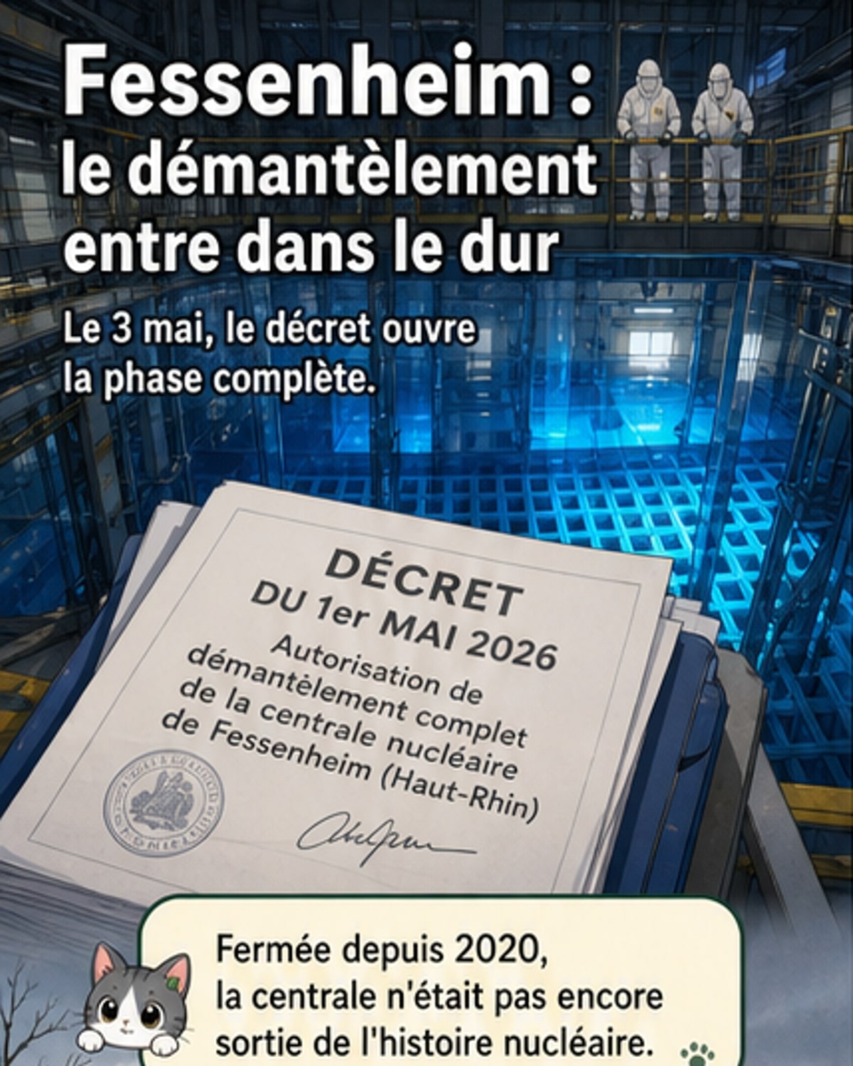 Illustration d'une ancienne centrale nucléaire en phase de démantèlement, avec des grues et des équipes de travail autour des réacteurs, dans un paysage rural français.