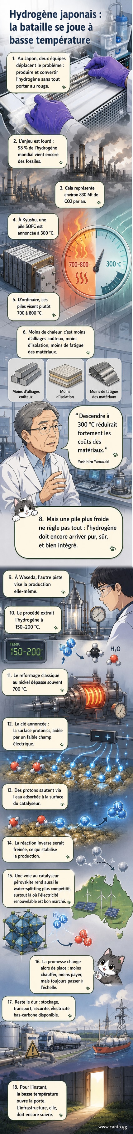 Illustration d'une cellule de pile à combustible fonctionnant à basse température, avec flux d'hydrogène et d'oxygène, entourée de symboles d'énergie propre et de molécules d'eau se divisant.
