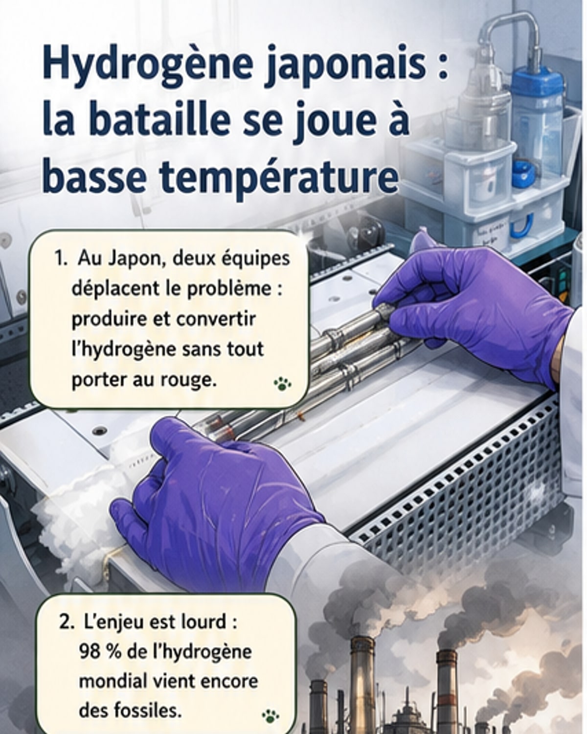 Illustration d'une cellule de pile à combustible fonctionnant à basse température, avec flux d'hydrogène et d'oxygène, entourée de symboles d'énergie propre et de molécules d'eau se divisant.