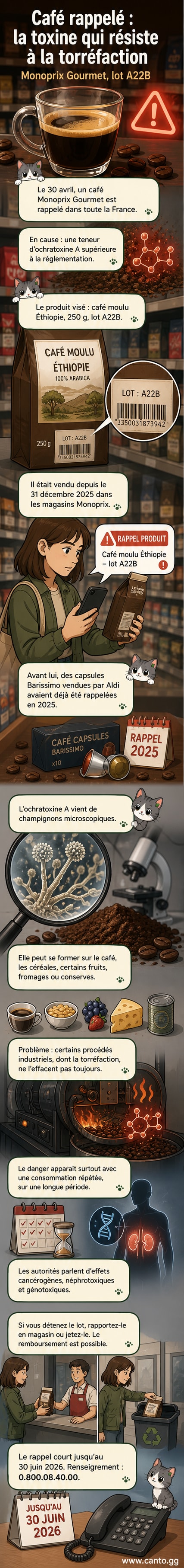 Illustration d’un paquet de café Monoprix avec un symbole d’alerte rouge, entouré de grains de café et d’une molécule stylisée représentant l’ochratoxine A.