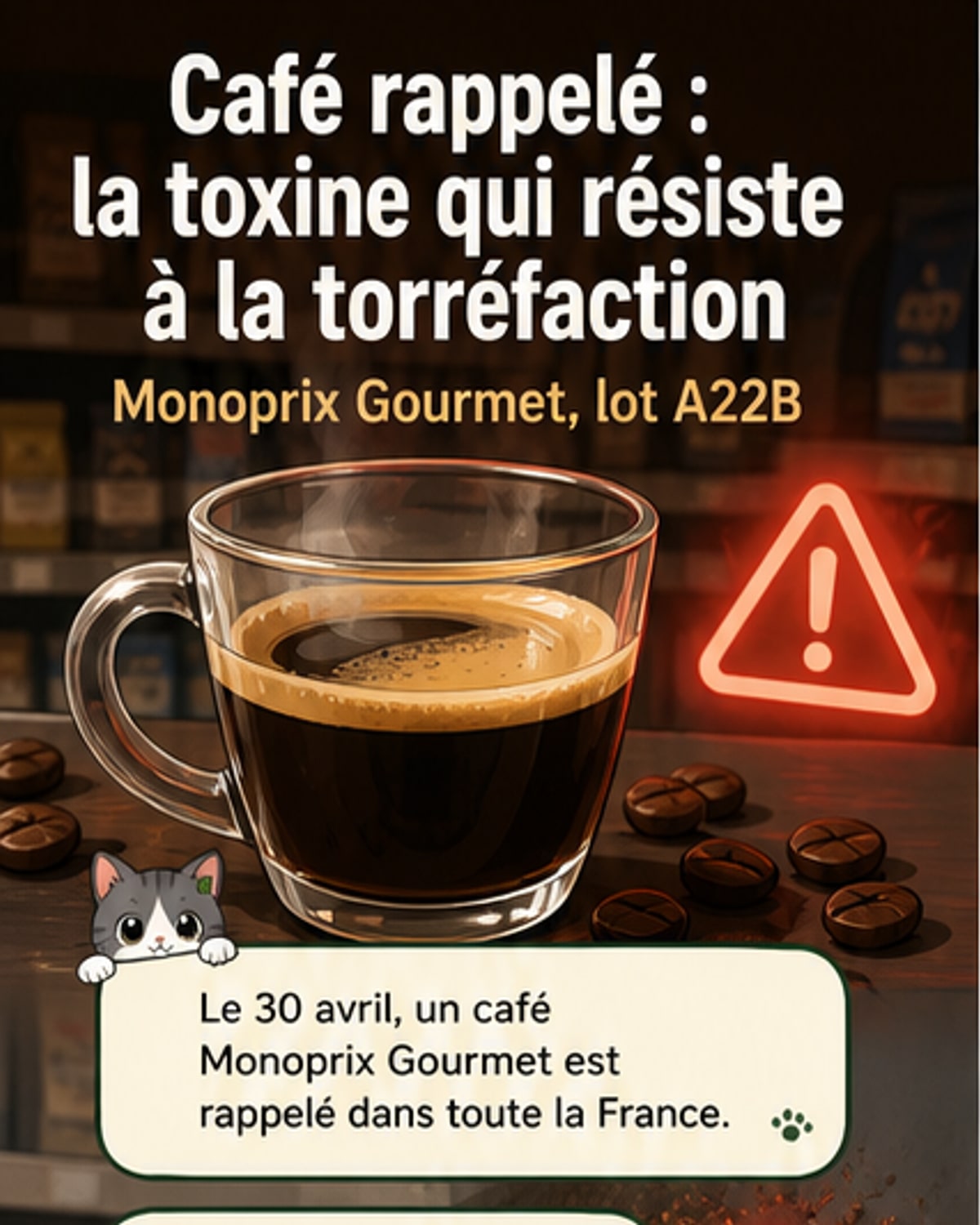 Illustration d’un paquet de café Monoprix avec un symbole d’alerte rouge, entouré de grains de café et d’une molécule stylisée représentant l’ochratoxine A.