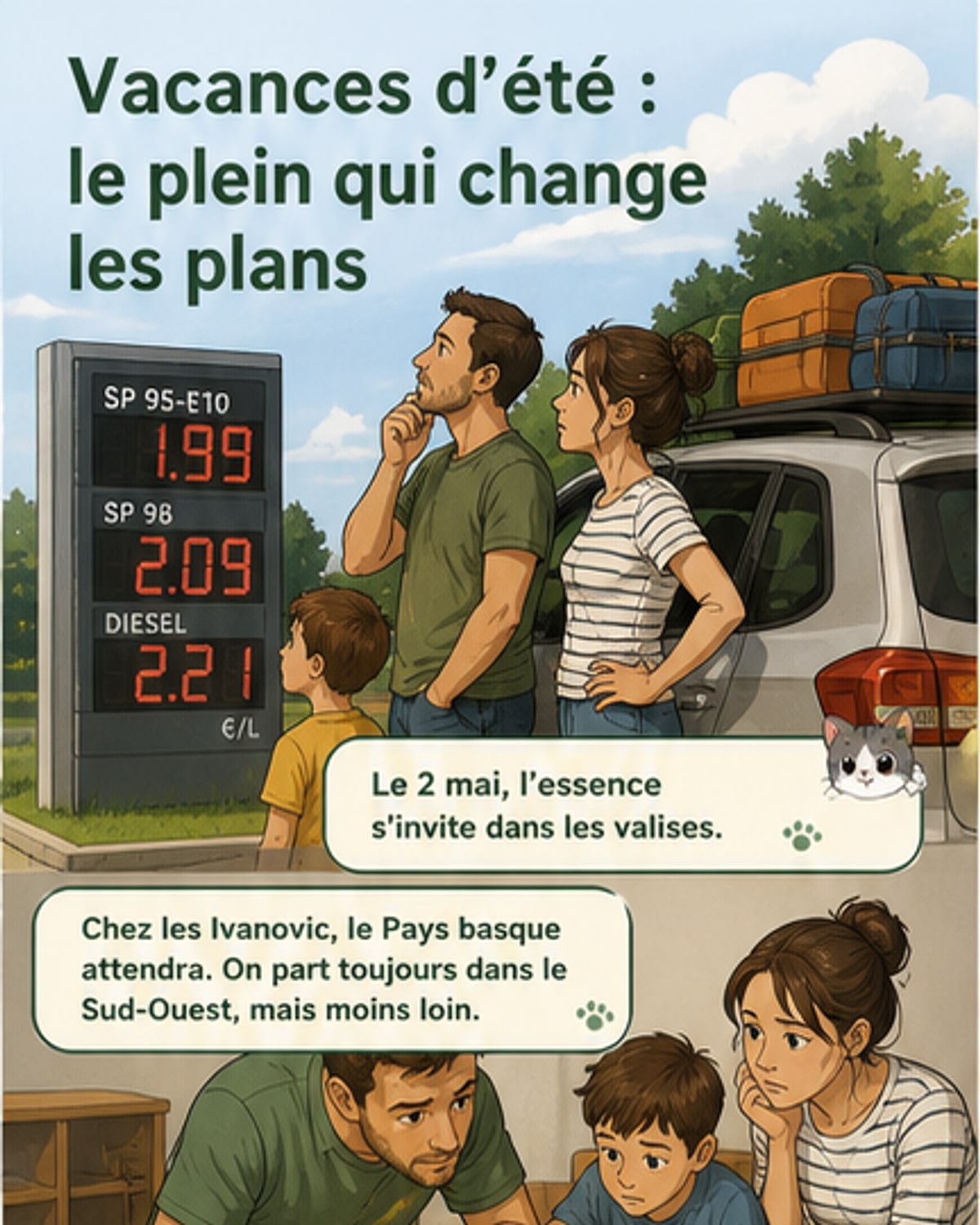 Famille devant un stand à la Foire de Paris, discutant de leurs projets de vacances modifiés à cause du prix élevé de l'essence.