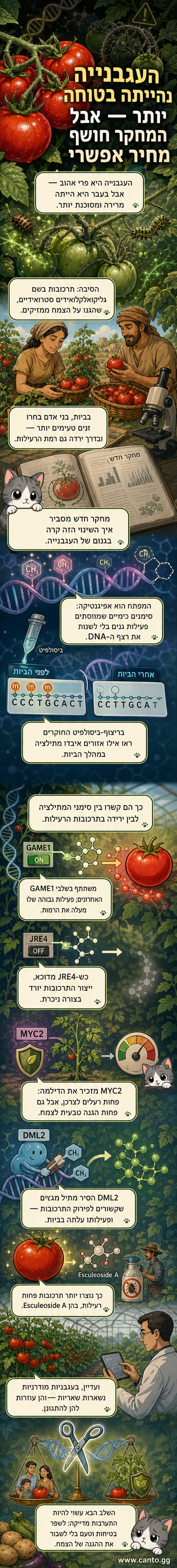 איור של עגבניות בשלות על שיח, עם רקע של דנ"א וסמלים גנטיים, המייצג את השינויים הגנטיים שהביאו לצמצום רעילותן