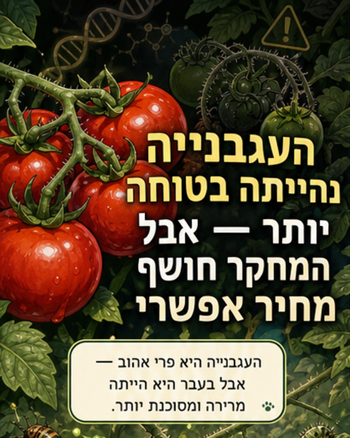 איור של עגבניות בשלות על שיח, עם רקע של דנ"א וסמלים גנטיים, המייצג את השינויים הגנטיים שהביאו לצמצום רעילותן