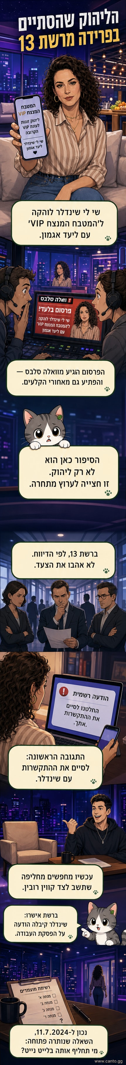 קריקטורה של שי לי שינדלר עומדת על חצי טלוויזיה של רשת 13 וחצי של קשת 12, בעוד מיקרופון של רשת 13 נשבר.