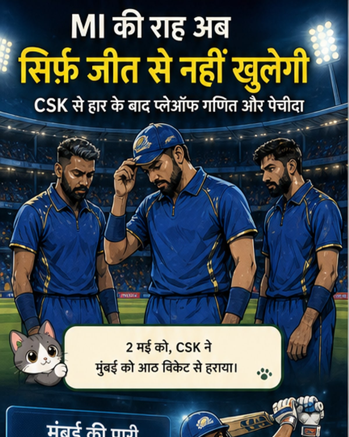 मुंबई इंडियंस के कप्तान हार्दिक पंड्या नीली जर्सी में निराश दिख रहे हैं, पृष्ठभूमि में चेन्नई सुपर किंग्स की जीत का स्कोरबोर्ड चमक रहा है।