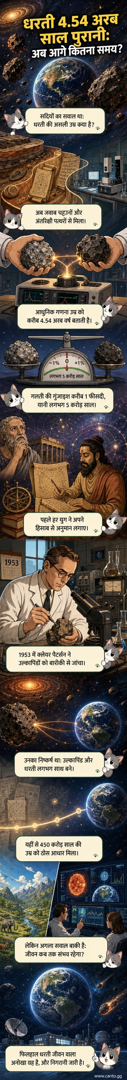 पृथ्वी की उम्र को दर्शाते हुए एक वैज्ञानिक लैब में उल्कापिंड के नमूने का विश्लेषण करते हुए।