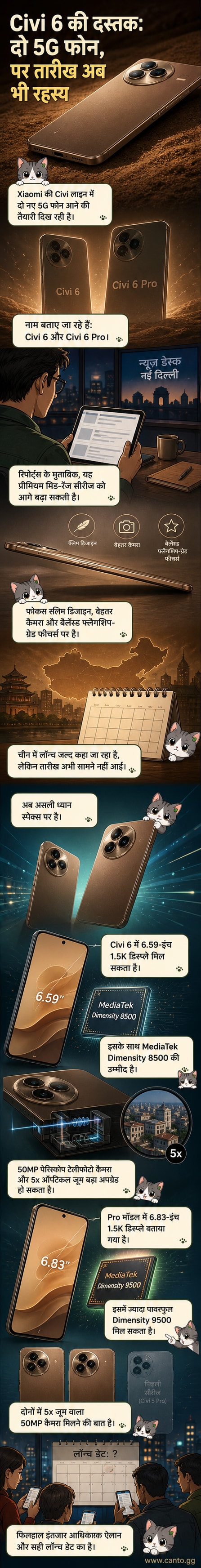 शाओमी Civi 6 और Civi 6 Pro के डिजाइन दिखाते हुए एक आधुनिक स्मार्टफोन इमेज, पीछे कैमरा मॉड्यूल पर 50MP लेंस और ऑप्टिकल जूम का इंगित करता है।