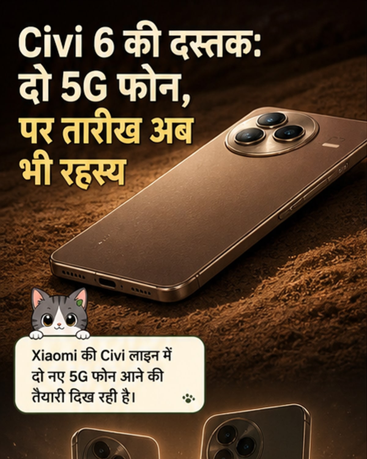 शाओमी Civi 6 और Civi 6 Pro के डिजाइन दिखाते हुए एक आधुनिक स्मार्टफोन इमेज, पीछे कैमरा मॉड्यूल पर 50MP लेंस और ऑप्टिकल जूम का इंगित करता है।