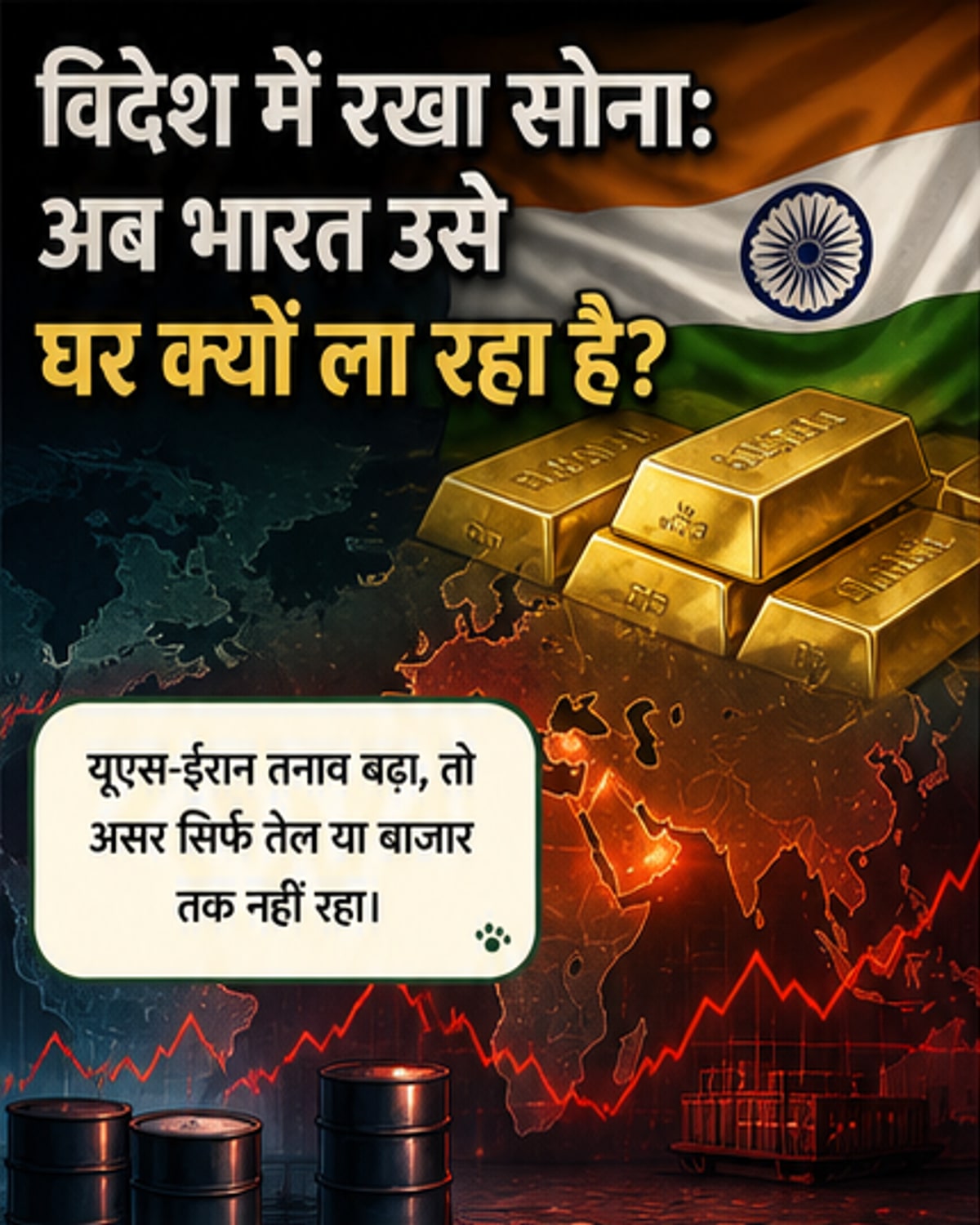 एक भारतीय रिजर्व बैंक का प्रतीकात्मक चित्र, जहां सोने के सिक्के भारत की ओर लौटते हुए दिखाए गए हैं, पृष्ठभूमि में वैश्विक तनाव के संकेत।